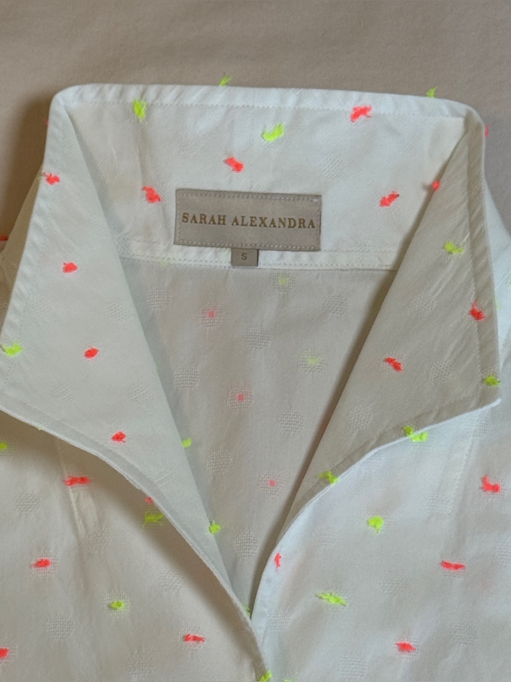 Sarah Alexandra White Button-Up Blouse with Neon Pink & Yellow Dots. Sz S